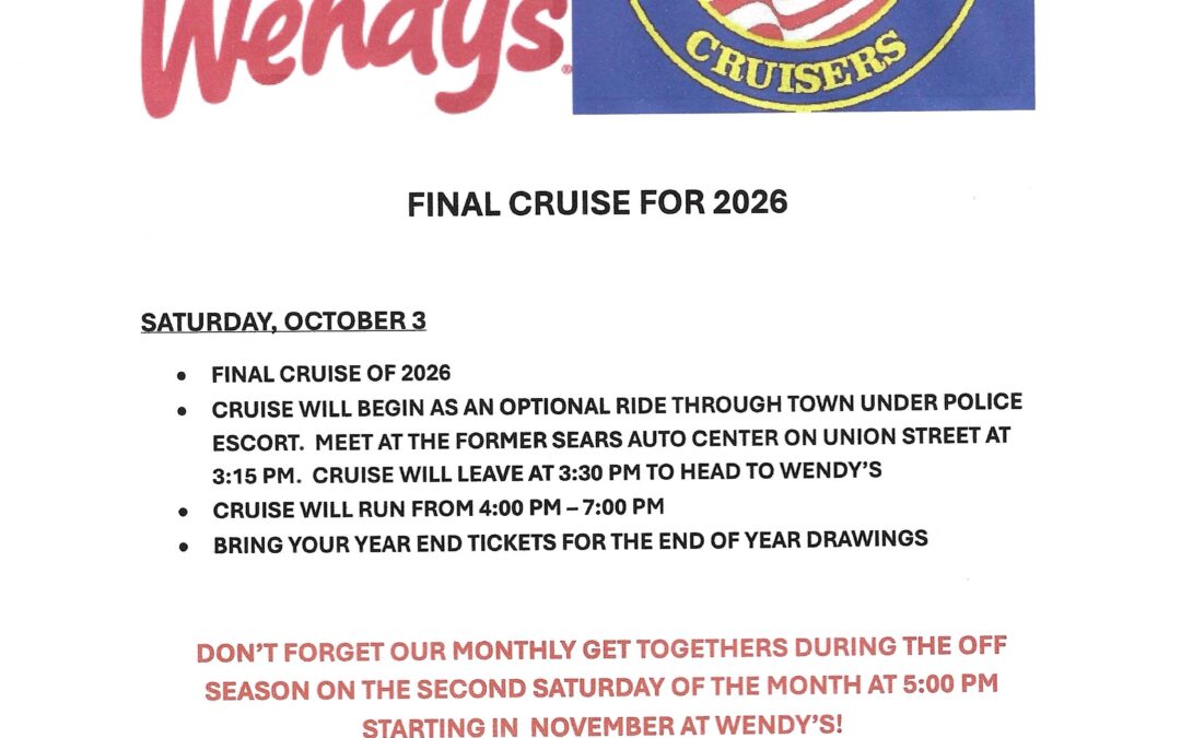 Wendy’s Car Cruise – Waterbury –  October 3, 2026