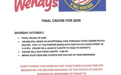 Wendy’s Car Cruise – Waterbury –  October 3, 2026